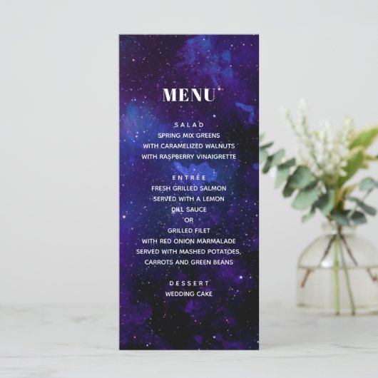 Ruimte bruiloft. Nachtsterren. Modern navy galaxy Menu (Staand voorkant)