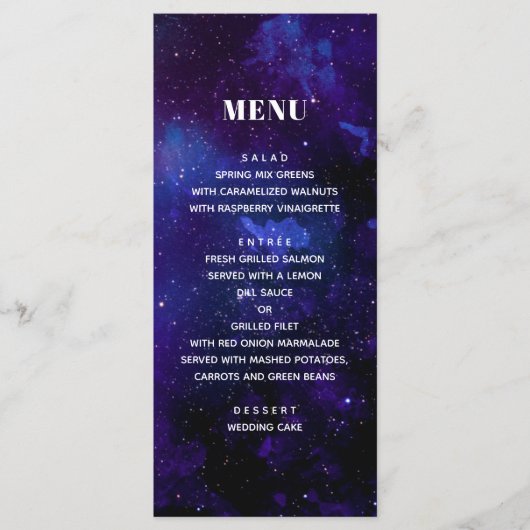 Ruimte bruiloft. Nachtsterren. Modern navy galaxy Menu (Voorkant)