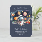 Ruimte eerste reis rond de zon 1e verjaardag kaart (Staand voorkant)