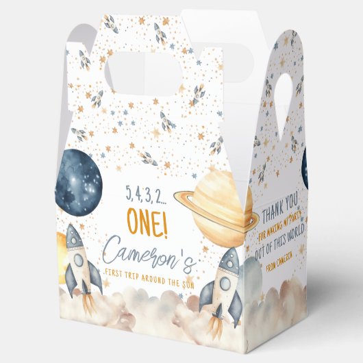 Ruimte eerste reis rond de zon verjaardagsfeestje bedankdoosjes (Geopend)