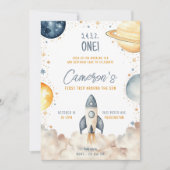 Ruimte eerste reis rond de zon verjaardagsfeestje kaart (Voorkant)