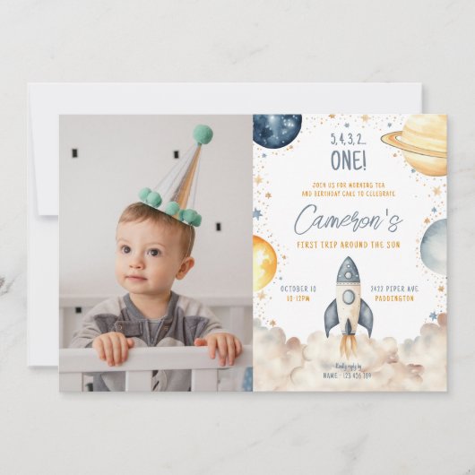 Ruimte eerste reis rond de zon verjaardagsfeestje kaart (Voorkant)