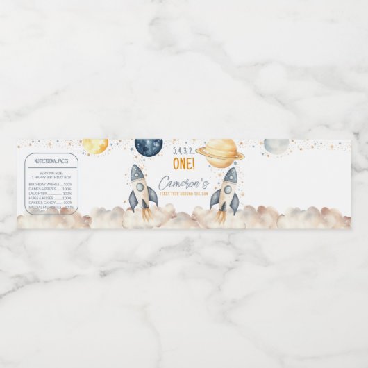 Ruimte eerste reis rond de zon verjaardagsfeestje waterfles etiket (Enkel label)