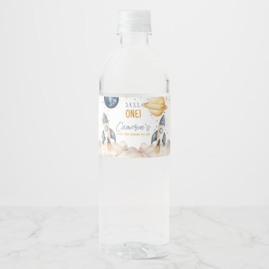 Ruimte eerste reis rond de zon verjaardagsfeestje waterfles etiket (Voorkant)