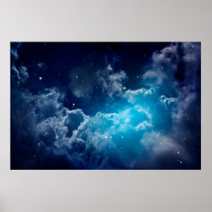 Ruimte in de nachtelijke hemel met wolken en sterr poster