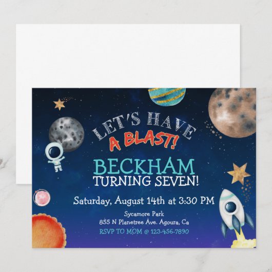 RUIMTE INVITE, KIDS BIRTHDAY, RUIMTETHEMA  AANKONDIGING (Voorkant / Achterkant)