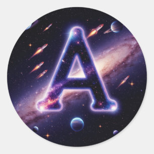 🚀 Ruimte Letter A Melkweg Planeten Sterren Kinder Ronde Sticker