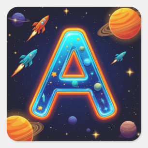 🌠 Ruimte Letter A Melkweg Raketten Sterren Planet Vierkante Sticker