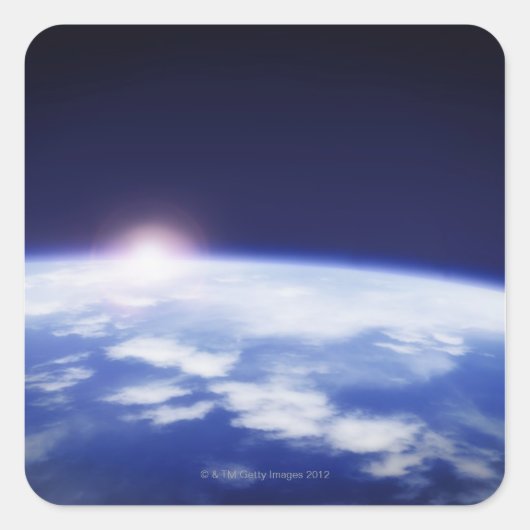 Ruimte met stijgende zon boven de aarde vierkante sticker (Voorkant)