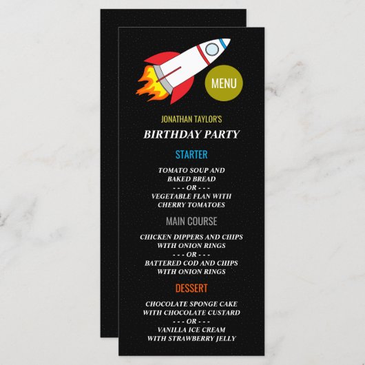 Ruimte Raket naar de maan Verjaardag Menu (Voorkant / Achterkant)