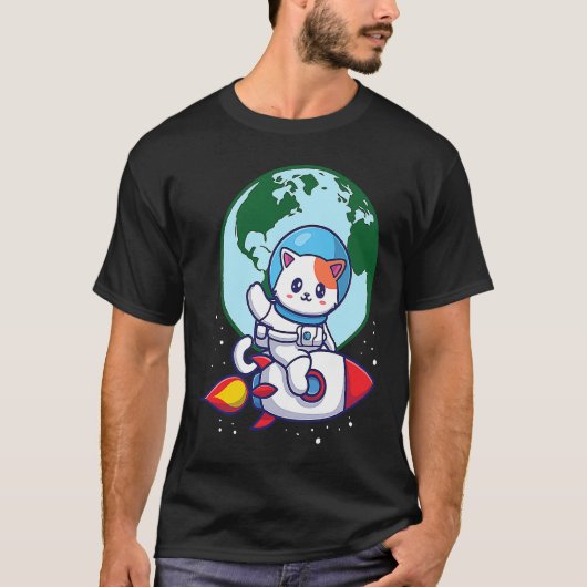 Ruimte Schattige Kat Buitenruimte Raket Aarde T-shirt (Voorkant)