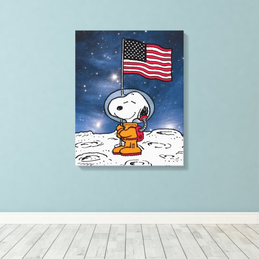 RUIMTE | Snoopy met vlagastronaut Canvas Afdruk (Insitu (Houten vloer))