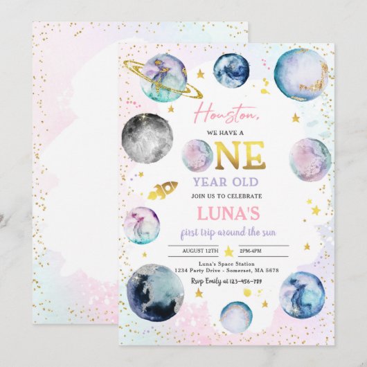 Ruimte Verjaardag Meisje Roze Eerste Reis Rond De Kaart (Voorkant / Achterkant)