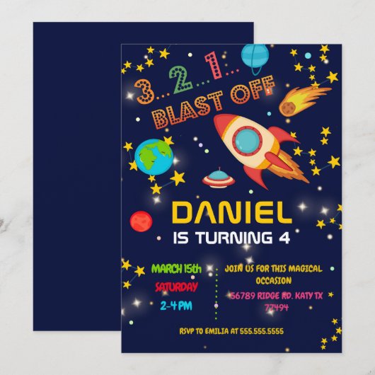 Ruimte Verjaardag Party Blast Off Kaart (Voorkant / Achterkant)