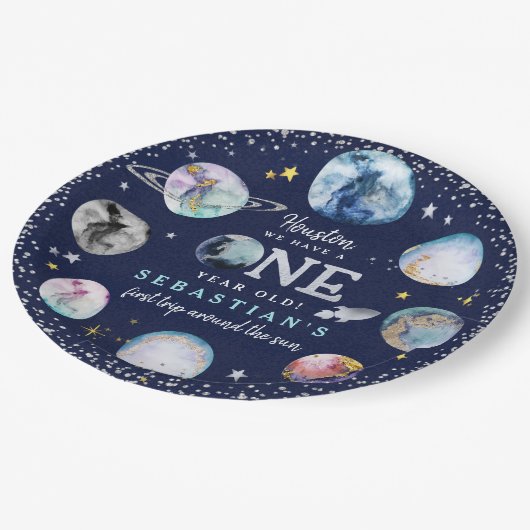 Ruimte Verjaardagsfeestje Eerste reis rond de zon  Papieren Bordje (Gekanteld)