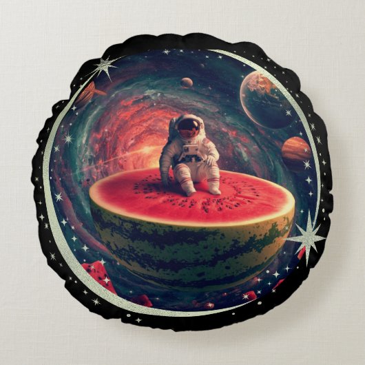 Ruimte Watermeloen Astronaut Rond Kussen (Voorkant)