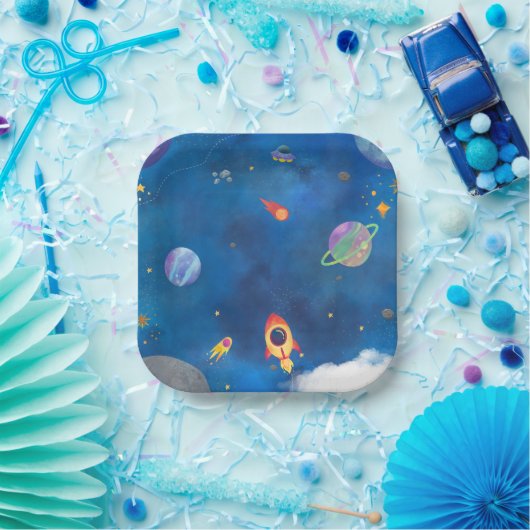 Ruimte Waterverf Design - Donkerblauw Papieren Bordje (Feest)