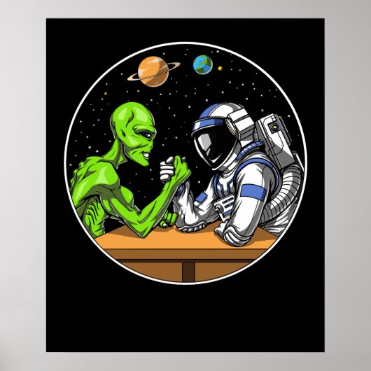 Ruimteastronaut Alien Arm Wrestling Funny Cosmic Poster (Voorkant)