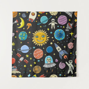 Ruimteavontuur: planeten, rakettenpatroon. wandkleed