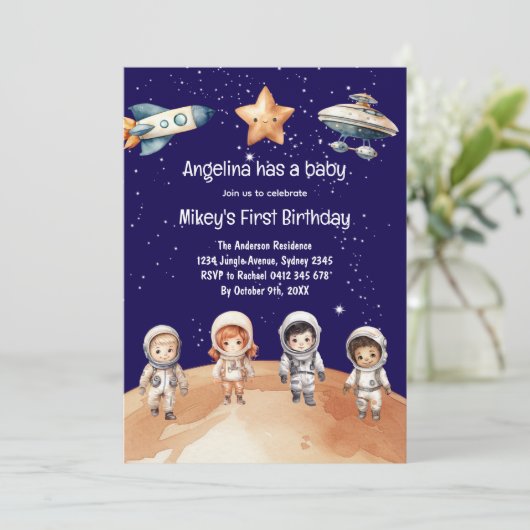 ruimteavontuur | Uitnodiging voor verjaardagsfeest (Staand voorkant)
