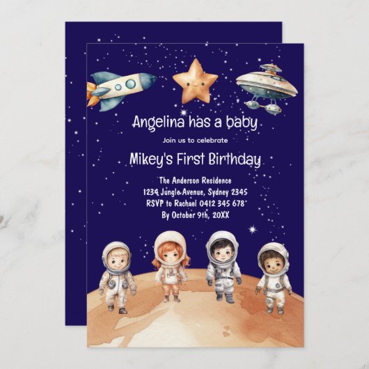 ruimteavontuur | Uitnodiging voor verjaardagsfeest (Voorkant / Achterkant)