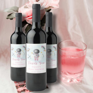 Ruimtebabymeisje Astronaut-raketsterren Baby showe Wijn Etiket