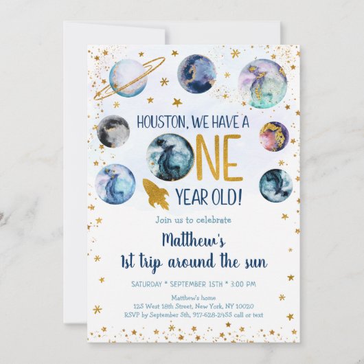 Ruimteblauw goud eerste reis rond de zon kaart (Voorkant)