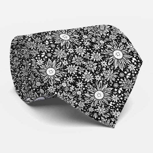 Ruimtebloemen Bloemen Zwart-wit Patroon Stropdas (Opgerold)