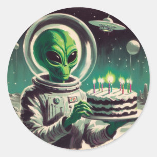 Ruimtebuitenaards wezen met verjaardagstaart UFO v Ronde Sticker