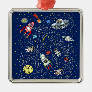 Ruimtecat Maze Game voor kinderen Metalen Ornament