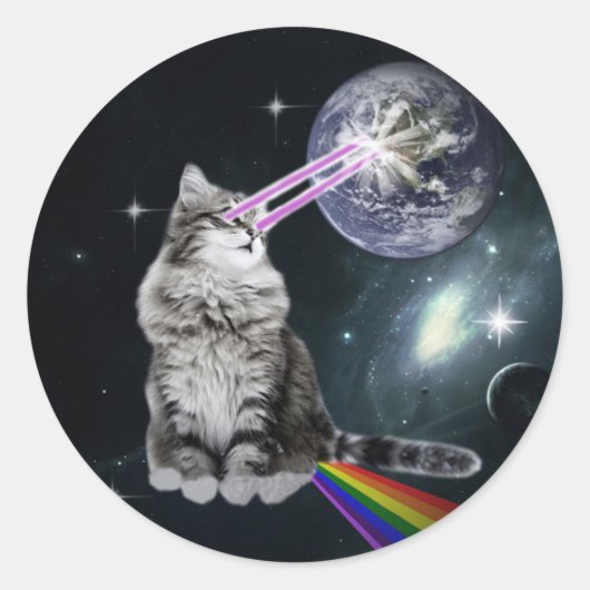 Ruimtecat met lasers van ogen en regenboog ronde sticker (Voorkant)