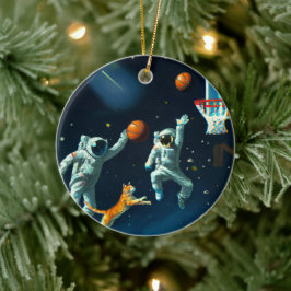 Ruimtecatten Astronauten die met kerst op Basketba Keramisch Ornament