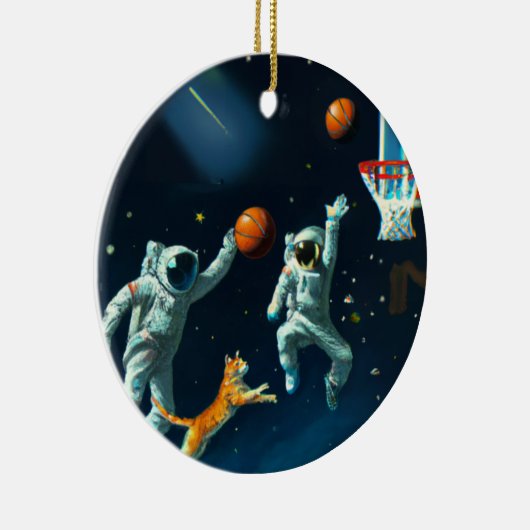 Ruimtecatten Astronauten die met kerst op Basketba Keramisch Ornament (Rechts)