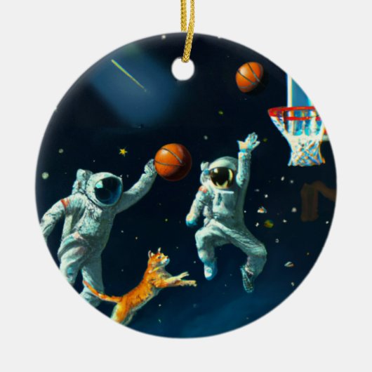 Ruimtecatten Astronauten die met kerst op Basketba Keramisch Ornament (Voorkant)
