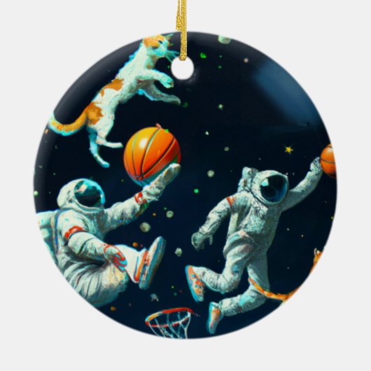 Ruimtecatten Astronauten die met kerst op Basketba Keramisch Ornament (Achterkant)