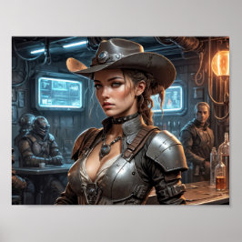 Ruimtecowboy meisje met cyberpantser poster