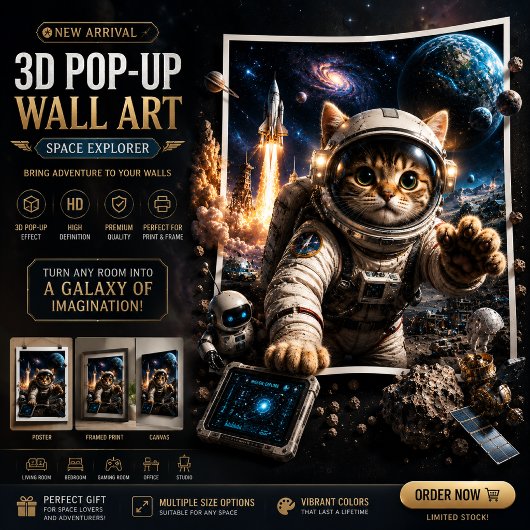 Ruimtedeskundige Kat 3D Pop-Up Muurkunst Poster