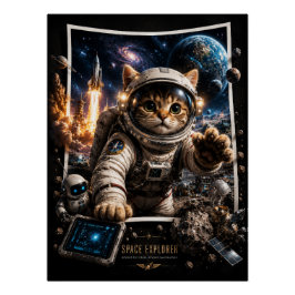 Ruimtedeskundige Kat 3D Pop-Up Poster glanzend