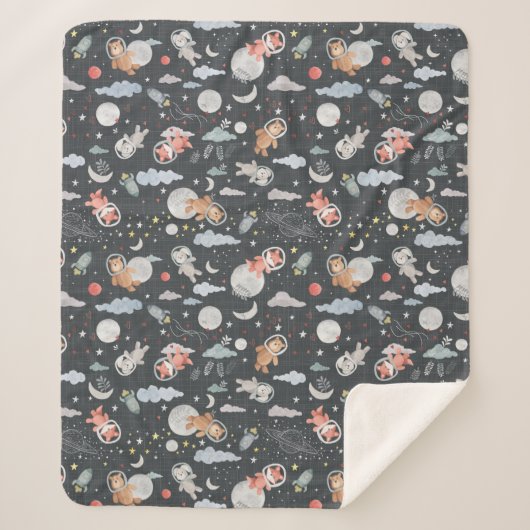 Ruimtedieren - donkerstalen blauwe textuur sherpa deken (Voorkant)