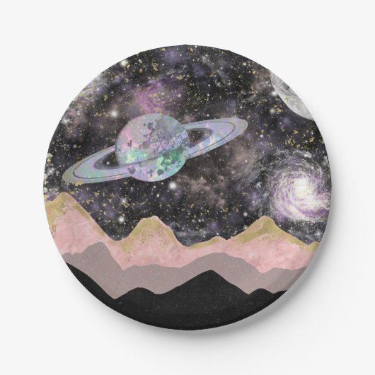 Ruimtegebergte Gold Starry Sky Galaxy Planets Papieren Bordje (Voorkant)