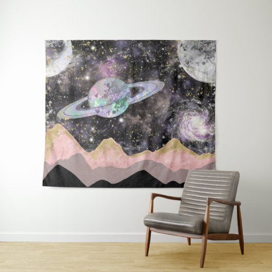 Ruimtegebergte Gold Starry Sky Galaxy Planets Wandkleed (In Situ (horizontaal))