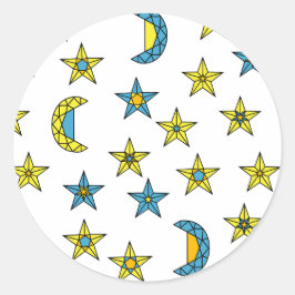Ruimtegeel Blauwe Maan en Sterren Juwelen Patroon Ronde Sticker