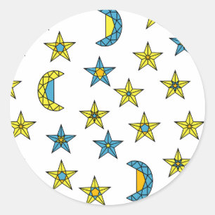 Ruimtegeel Blauwe Maan en Sterren Juwelen Patroon Ronde Sticker