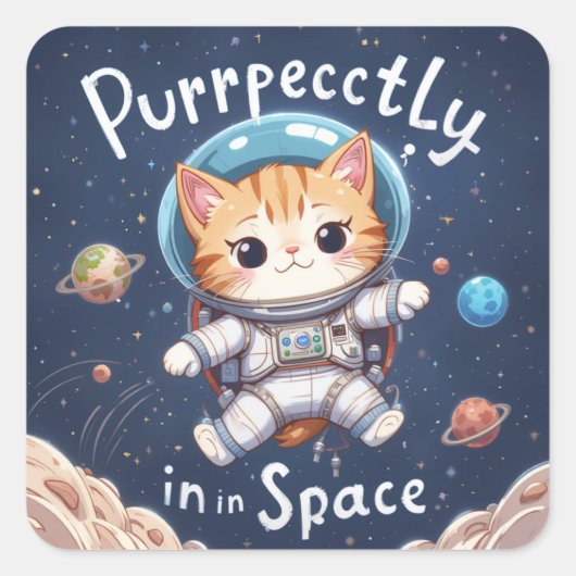 Ruimtekat astronaut Schattige Kawaii Vierkante Sticker (Voorkant)