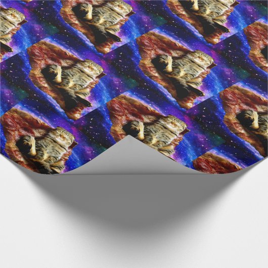 Ruimtekat ligt op een pizza cadeaupapier (Hoek)