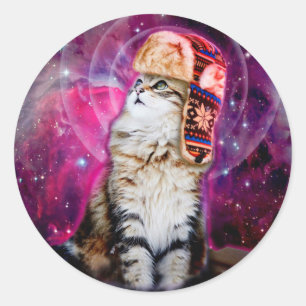 Ruimtekat met russisch pet ronde sticker