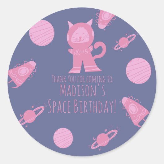 Ruimtekat Roze Paars Galaxy Birthday Ronde Sticker (Voorkant)