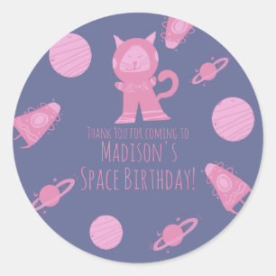 Ruimtekat Roze Paars Galaxy Birthday Ronde Sticker