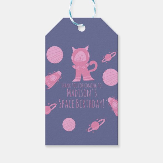 Ruimtekat Roze Sterrenstelsel Verjaardag Cadeaulabel (Voorkant)