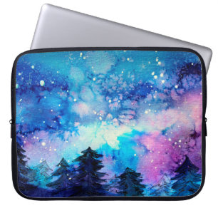 Ruimtekunst bij waterverf met nachtelijke hemel en laptop sleeve